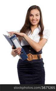 young brunette in formal dress as a office worker with a dark folder