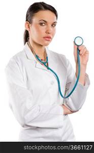 young brunette in medical doctor dress with stethoscope Isolated over white background