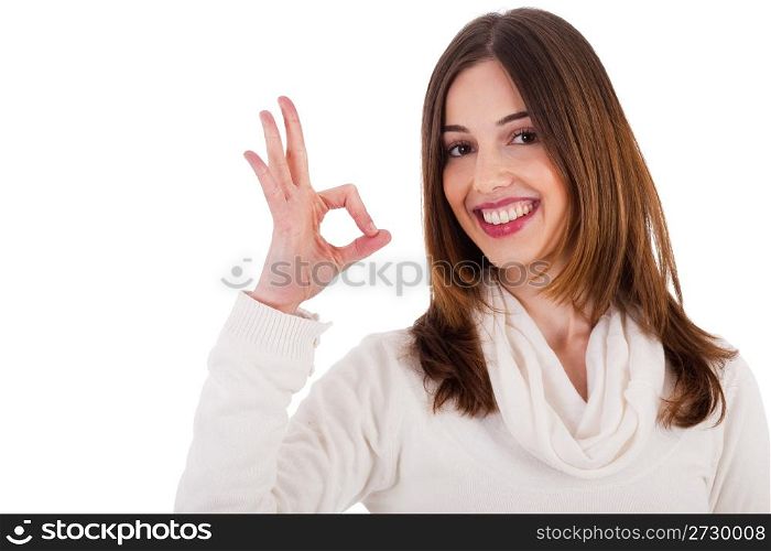 young brunette model showing perfect gesture on isollated white background