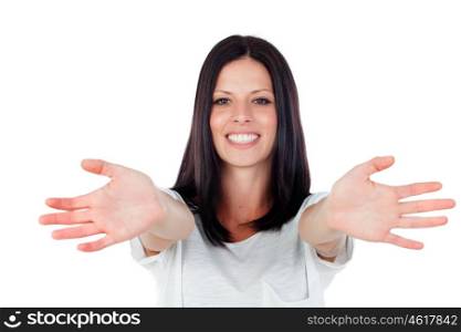 Young brunette woman excited, throwing up hands isolated on white background.