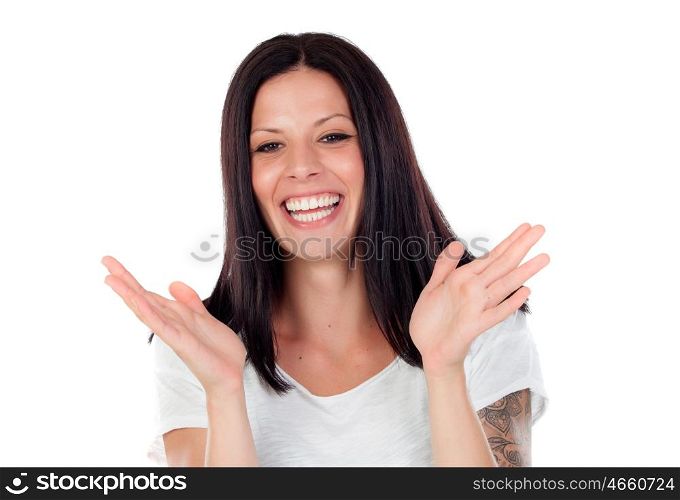 Young brunette woman excited, throwing up hands isolated on white background.