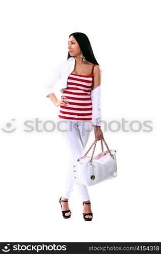 young brunette woman in red and white striped shirt isolated