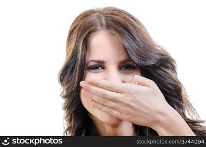 Young Brunette Woman Laughing, Covering Mouth with Her Hand - over White