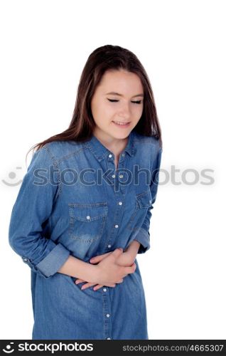 Young brunette woman with stomach ache isolated on white