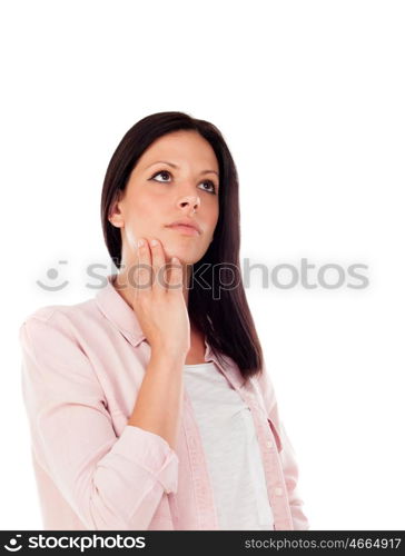 Young brunette woman with toothache isolated on white background