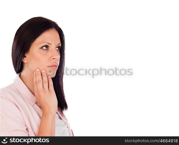 Young brunette woman with toothache isolated on white background