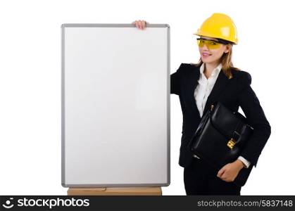 Young builder woman with blank board and portfolio isolated on white