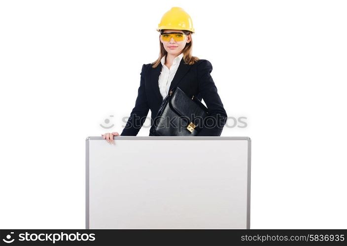 Young builder woman with portfolio and blank board isolated on white