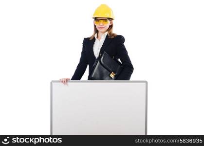 Young builder woman with portfolio and blank board isolated on white