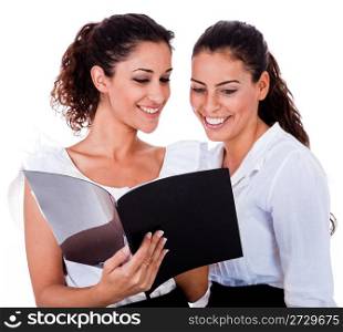 Young business colleagues looking the file on isolated white background