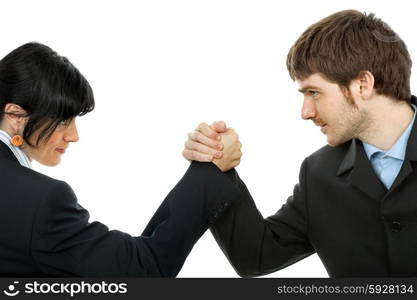 young business couple fighting, on white background