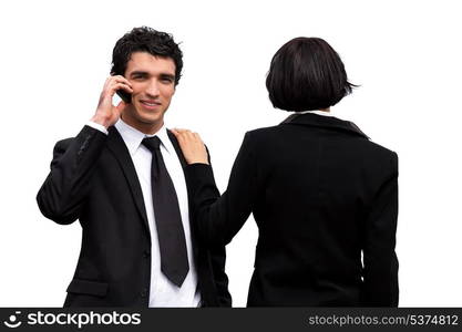 Young business couple making sales calls