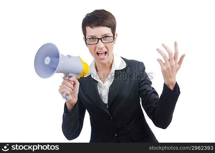 Young business lady screaming to loudspeaker