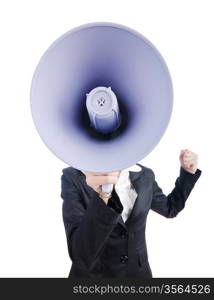 Young business lady screaming to loudspeaker