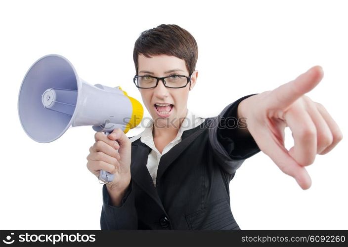 Young business lady screaming to loudspeaker