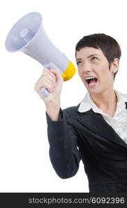 Young business lady screaming to loudspeaker