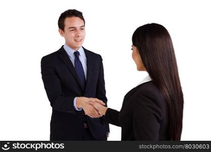 Young business man and business woman shaking hand. A young Caucasian business man is shaking hand with a business woman.