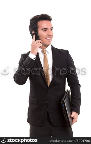 Young business man at the phone, isolated over white