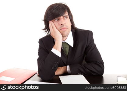 Young business man at work, isolated over white