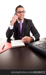 Young business man at work, isolated over white