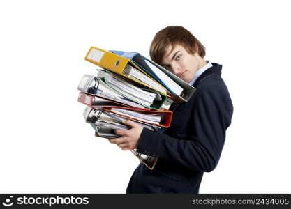Young business man carrying a bunch of folders