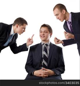Young business man despising colleagues` and friends` counsels