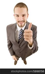 young business man going thumb up, full length, isolated on white