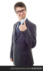 young business man going thumb up, isolated on white