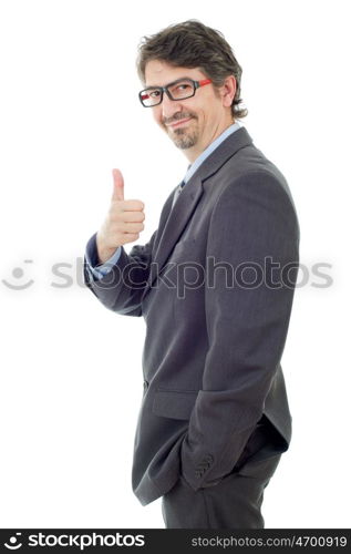 young business man going thumb up, isolated on white