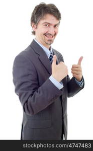 young business man going thumb up, isolated on white