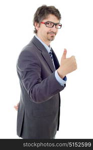 young business man going thumb up, isolated on white