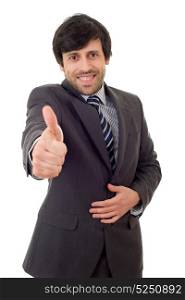 young business man going thumb up, isolated on white