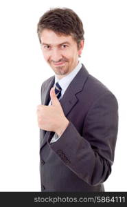 young business man going thumb up, isolated on white