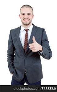 young business man going thumb up, isolated on white