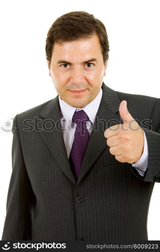 young business man going thumb up, isolated on white