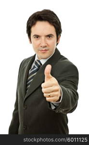 young business man going thumb up, isolated on white