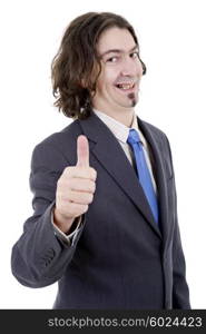 young business man going thumb up, isolated on white