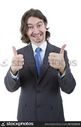 young business man going thumb up, isolated on white