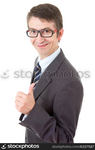 young business man going thumb up, isolated on white