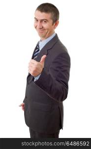 young business man going thumb up, isolated on white. businessman thumb up