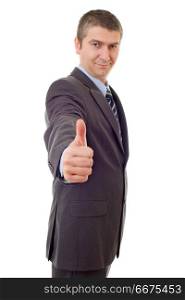 young business man going thumb up, isolated on white. businessman thumb up