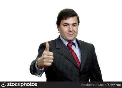young business man going thumb up, on white