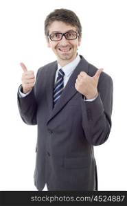 young business man going thumbs up, isolated on white