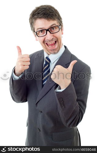 young business man going thumbs up, isolated on white