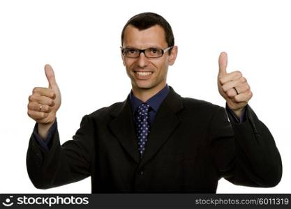 young business man going thumbs up, isolated on white