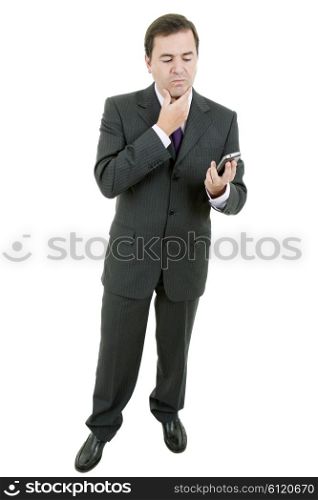 young business man happy at the phone, isolated