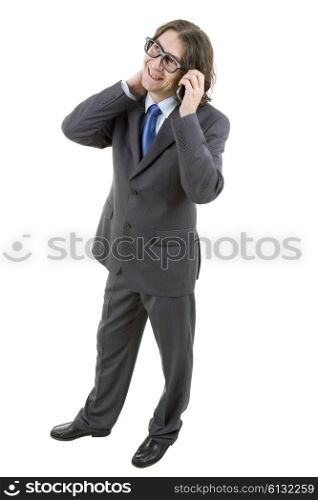 young business man happy at the phone, isolated