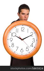 young business man holding a clock, focus on the clock
