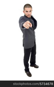 young business man in a suit pointing with his finger