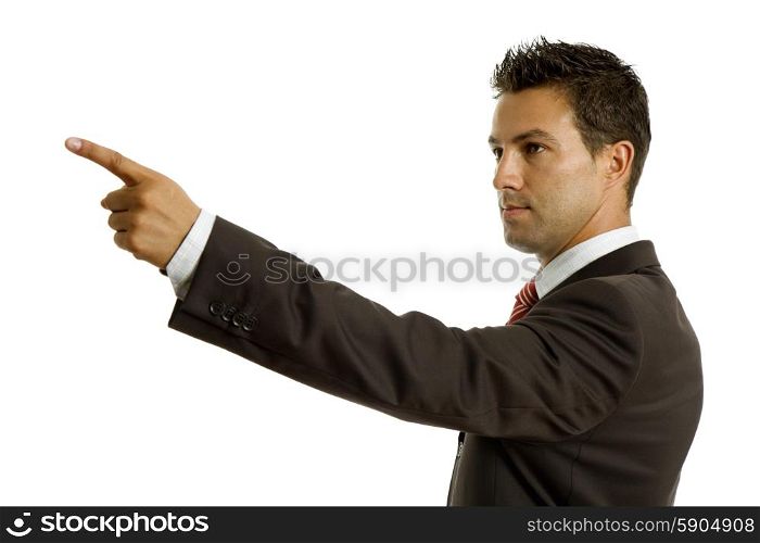 young business man in a suit pointing with his finger
